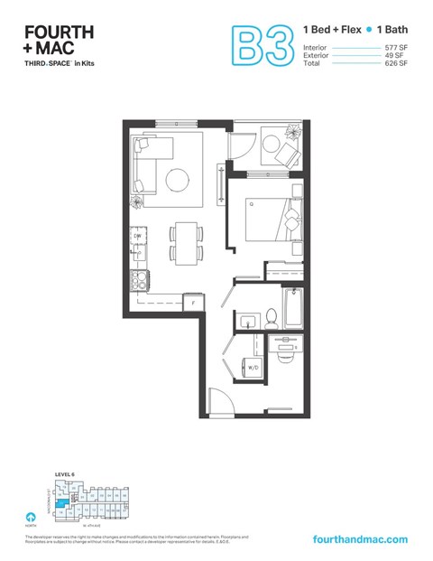 Floor plan for 1 bed, 1 bath, 577 sqft